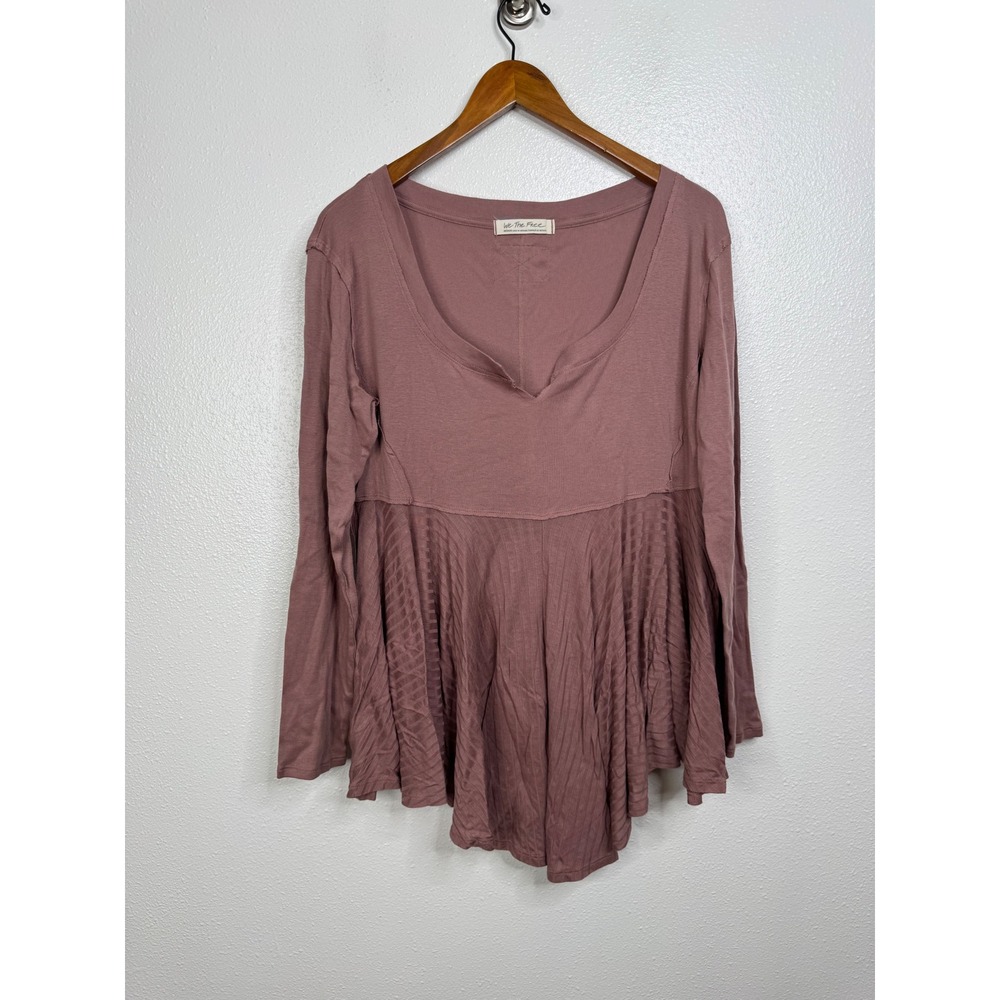 We The Free Free People Mauve Ribbed Mixed Media Peplum Long Sleeve Top Medium